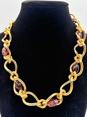Chunky Gold Chain Necklace Purple Bead Statement Bold Link Necklace